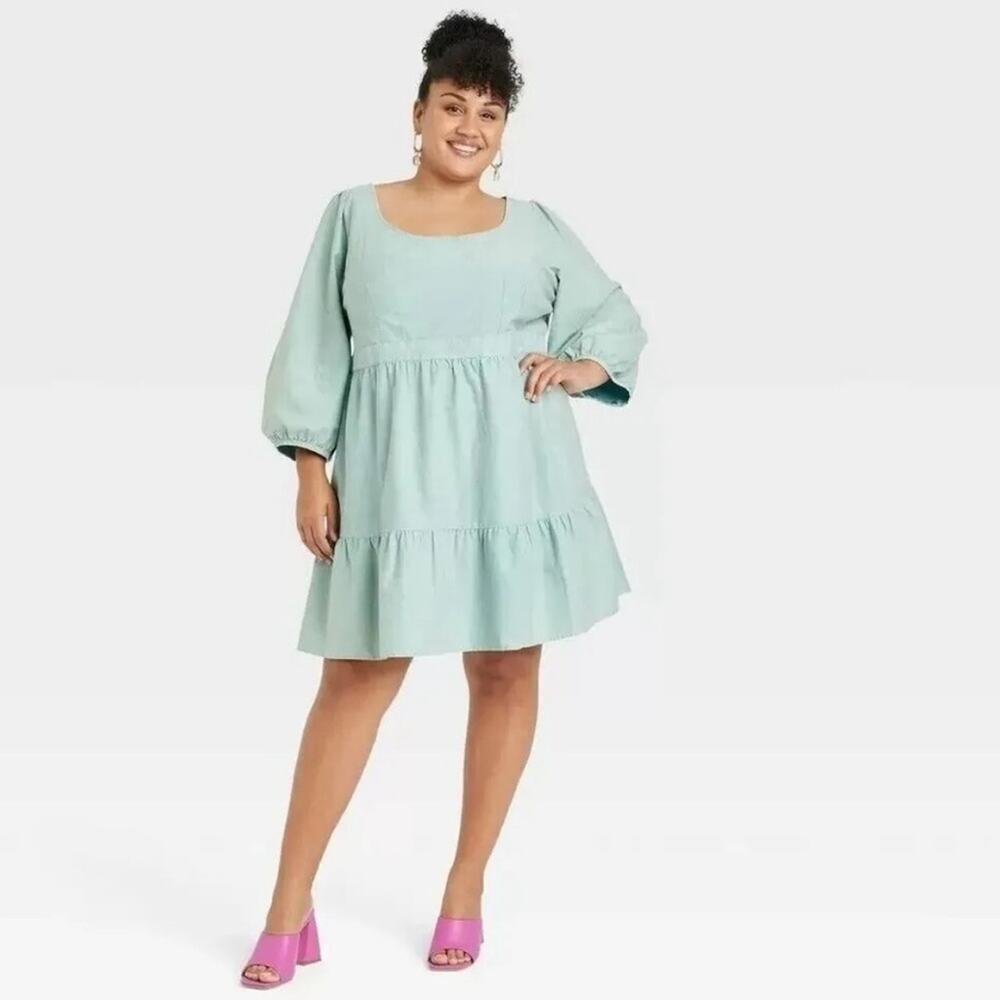 Women's Plus Size Balloon 3/4 Sleeve A-Line Dress - Ava & Viv Teal Blue Size: X